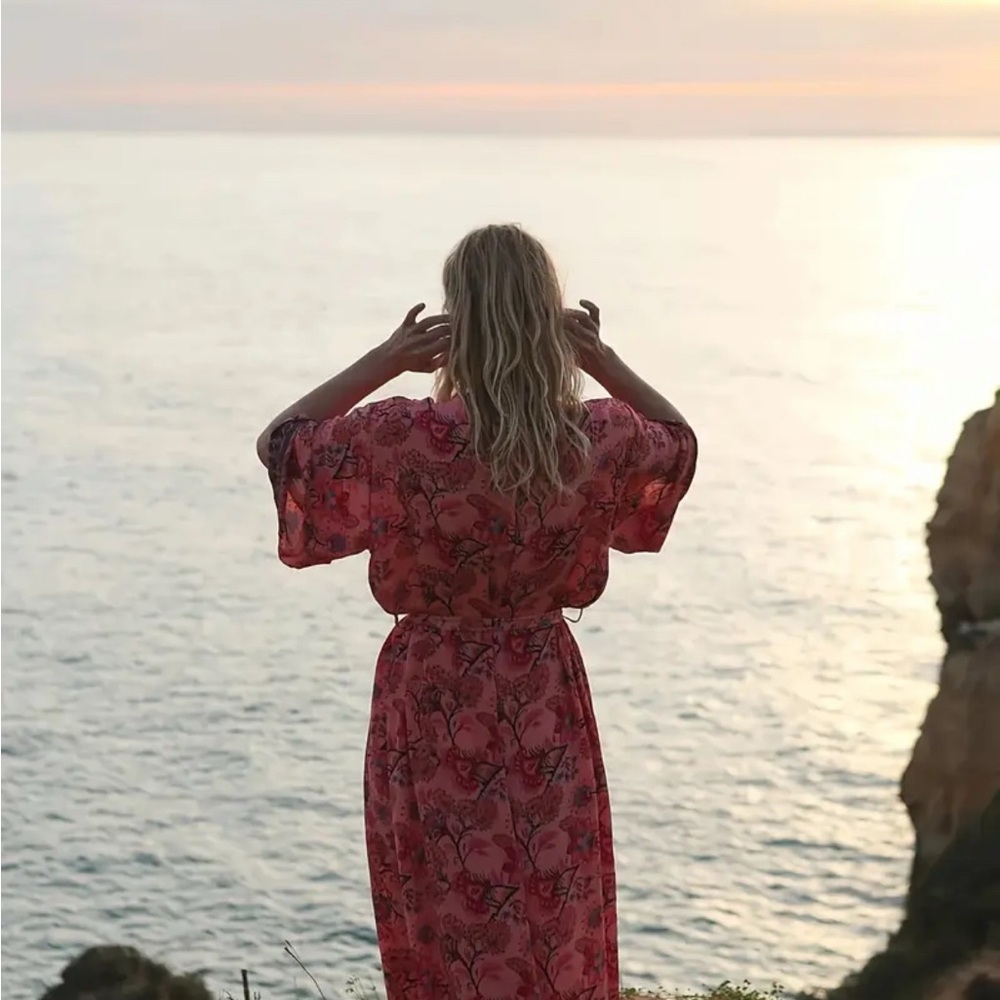 Long Floral Pink Beach Robe Kimono One Size, Including Plus Size - Picture 4 of 6